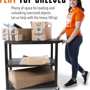 Stand Steady Tubstr 3 Flat Top Shelf Utility Cart Supports Up to 300 lbs - Heavy-Duty Plastic Service Push Cart with Three Flat Shelves, for Offices, Warehouse Storage, Garage Tools (Black, 35 x 18)