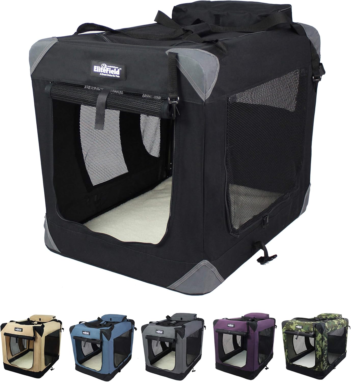 EliteField 3-Door Folding Soft Dog Crate with Carrying Bag and Fleece Bed (2 Year Warranty), Indoor & Outdoor Pet Home (24" L x 18" W x 21" H, Black) - Image 3