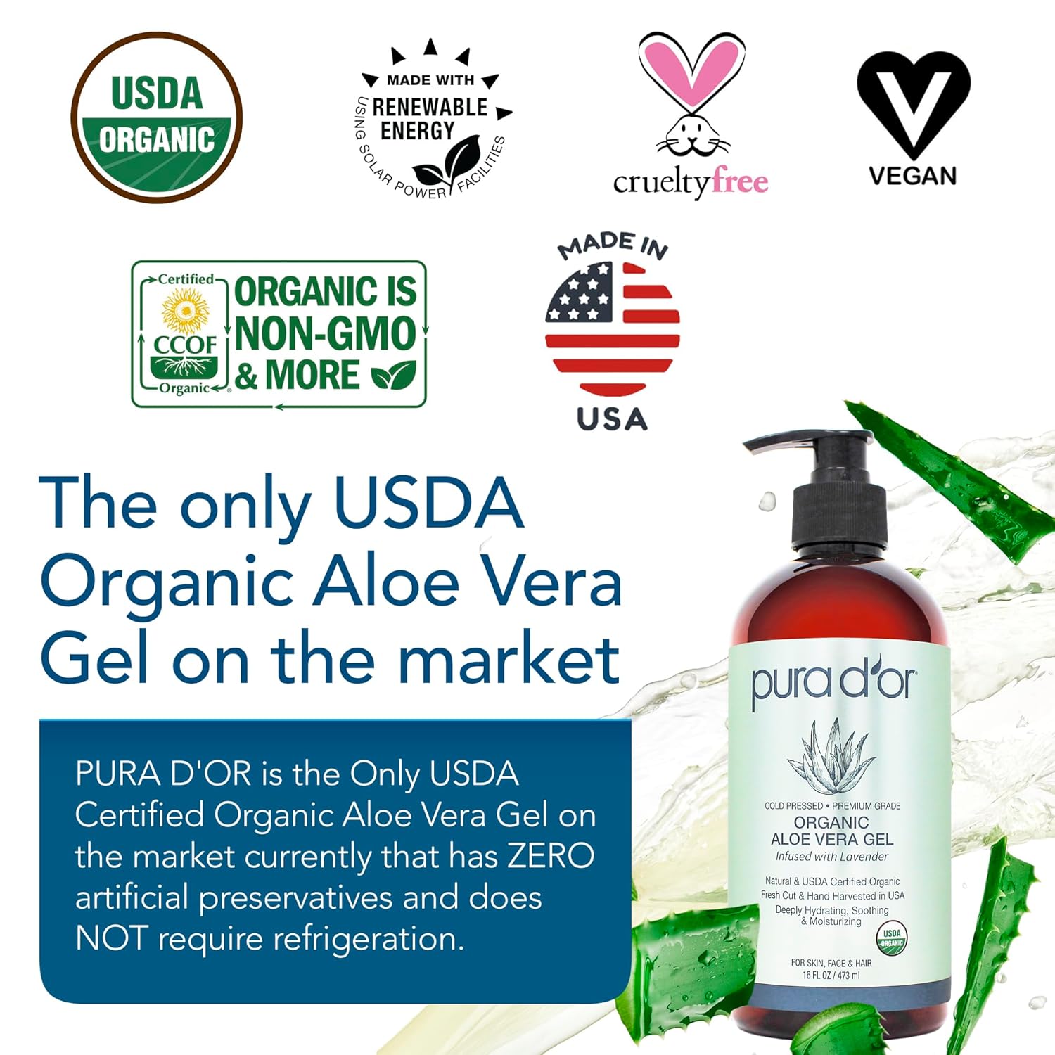 PURA D'OR ORGANIC Aloe Vera Gel Lavender (16 Oz X 2) All Natural - ZERO Artificial Preservatives - Deeply Hydrating & Moisturizing - Sunburn, Bug Bites, Rashes, Small Cuts, Eczema Relief - Skin & Hair