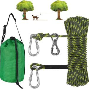 XiaZ Dog Tie Out Cable for Camping, 50ft Portable Overhead Trolley System for Dogs up to 200lbs，Dog Lead for Yard, Camping, Parks, Outdoor Events,5 min Set-up