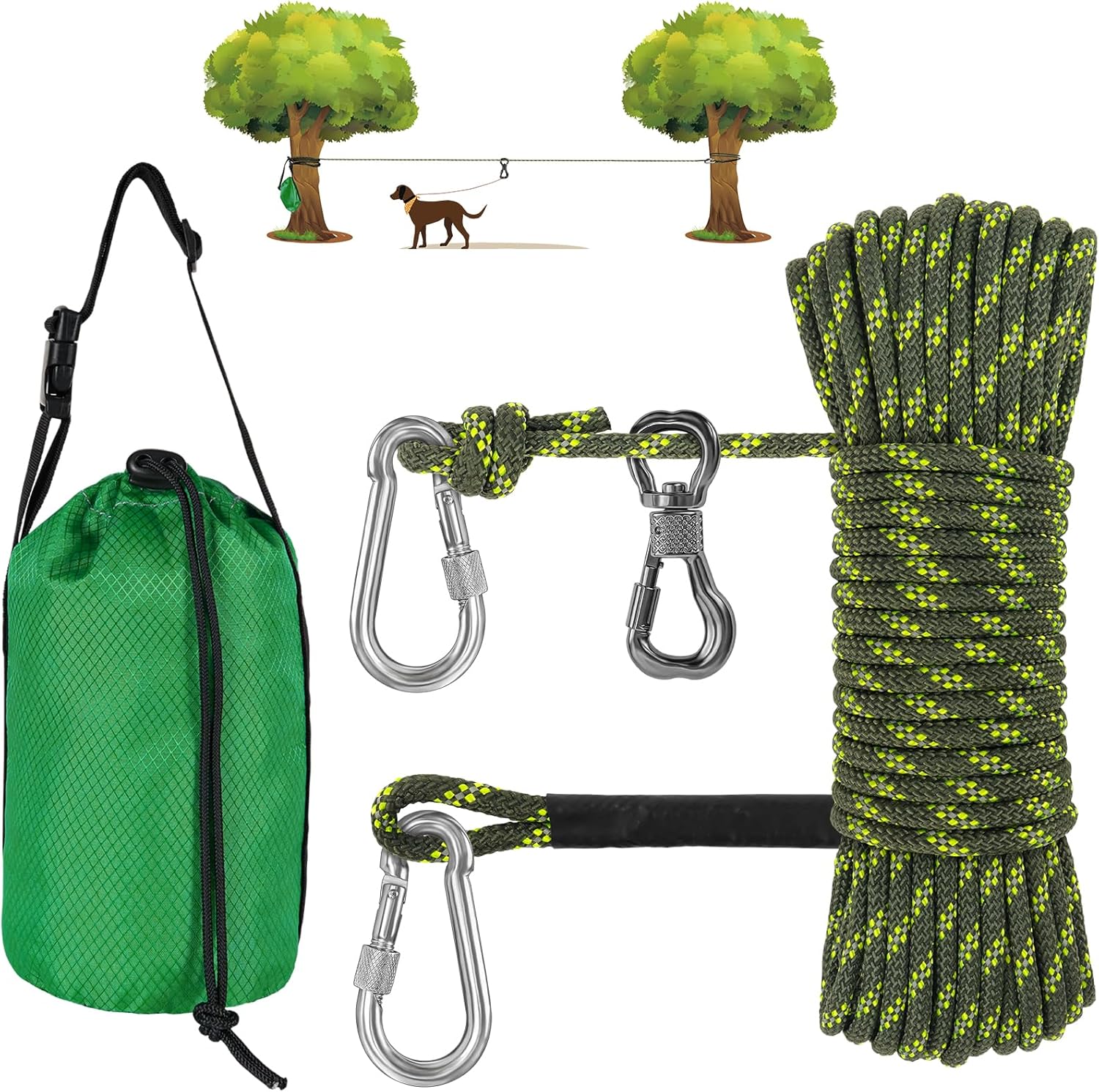 XiaZ Dog Tie Out Cable for Camping, 50ft Portable Overhead Trolley System for Dogs up to 200lbs,Dog Lead for Yard, Camping, Parks, Outdoor Events,5 min Set-up
