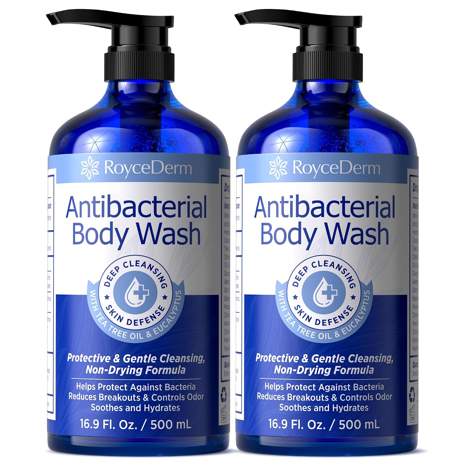 Roycederm Antibacterial Body Wash & Soap – Kills 99.9% of Germs & Bacteria – For Body Acne, Folliculitis & Odor Control – Gentle Daily Use for Men & Women (16.9 Fl Oz (Pack of 2))