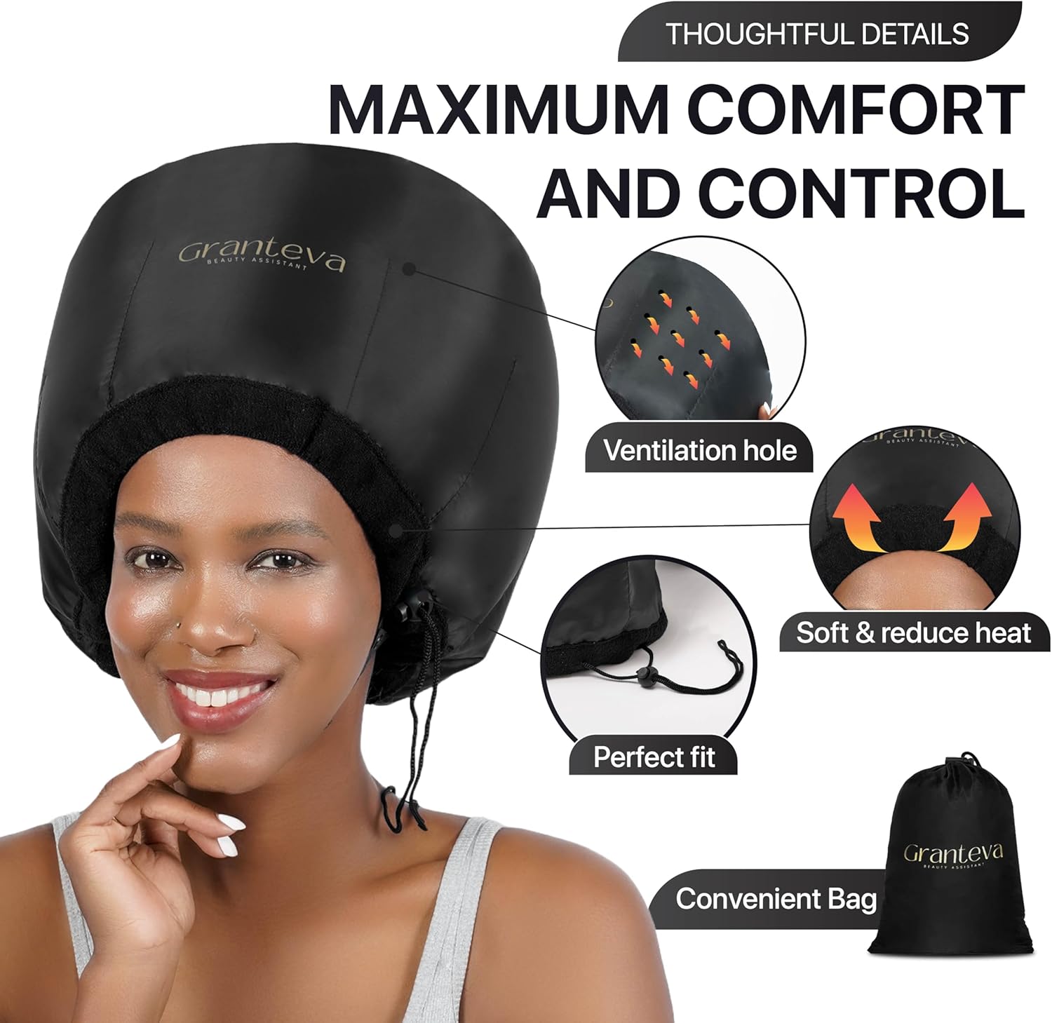 Hooded Hair Dryer Attachment w/A Headband Integrated That Reduces Heat Around Ears & Neck - Hair Dryer Hooded Diffuser Cap for Curly, Speeds Up Drying Time, Deep Conditioning At Home - Portable, Large - Image 2