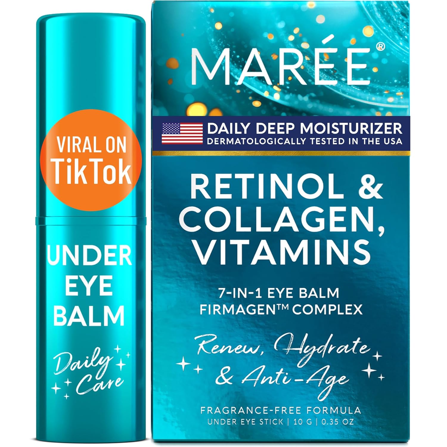 MAREE Under Eye Balm Stick Hydrating – Retinol Caffeine Under Eye Brightener Stick for Older Women – Collagen Undereye Cream for Dark Circles & Wrinkles – 0.35 Ounce, Teal