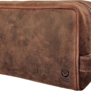 RUSTIC TOWN Full Grain Leather Travel Toiletry Bag - Cosmetic Makeup Kit Organizer (Brown)