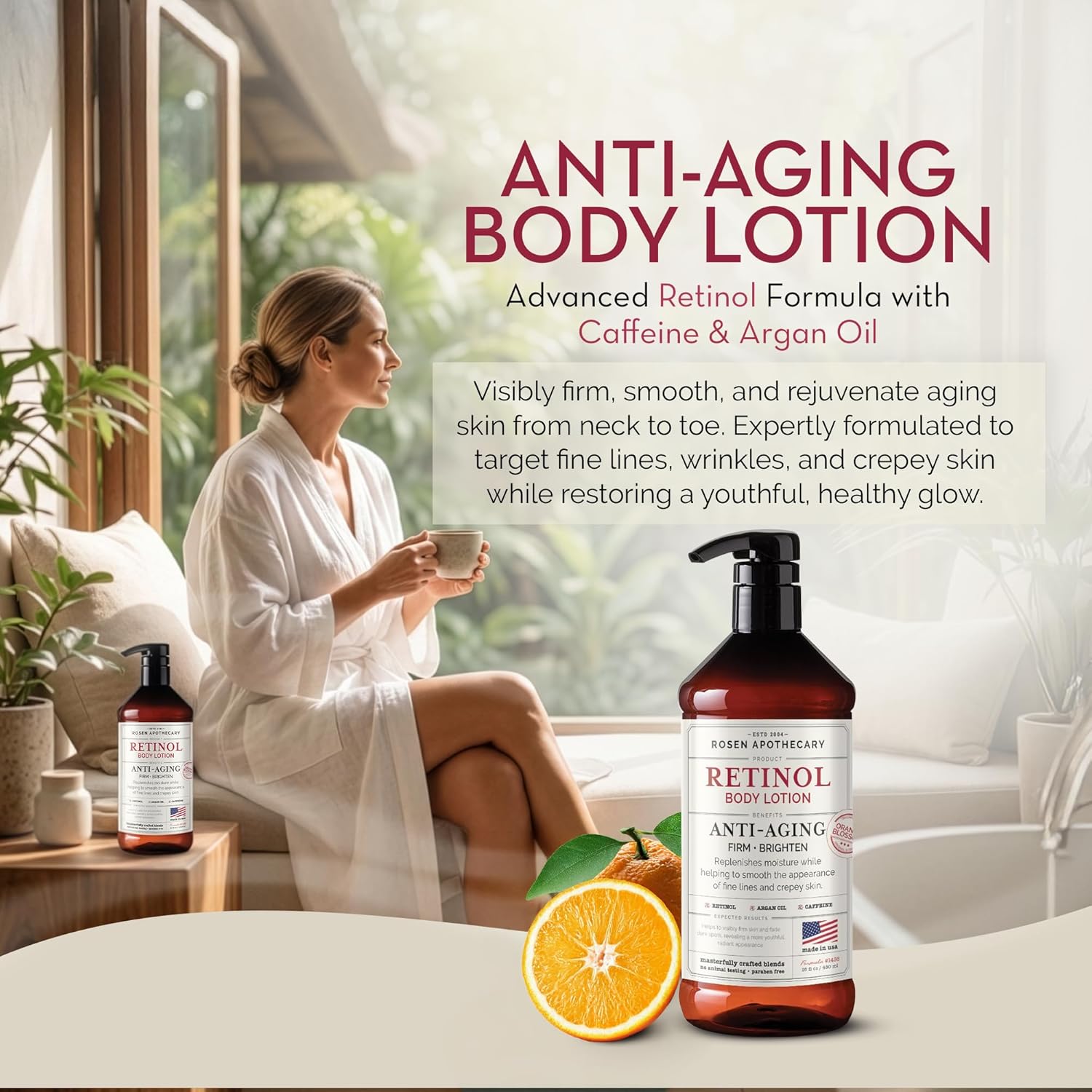 Rosen Apothecary Anti-Aging Retinol Body Lotion for Crepey Skin, Caffeine Firms & Tightens Aging Skin, Boosts Collagen, Restores Youthful Glow, 480ml - Image 2