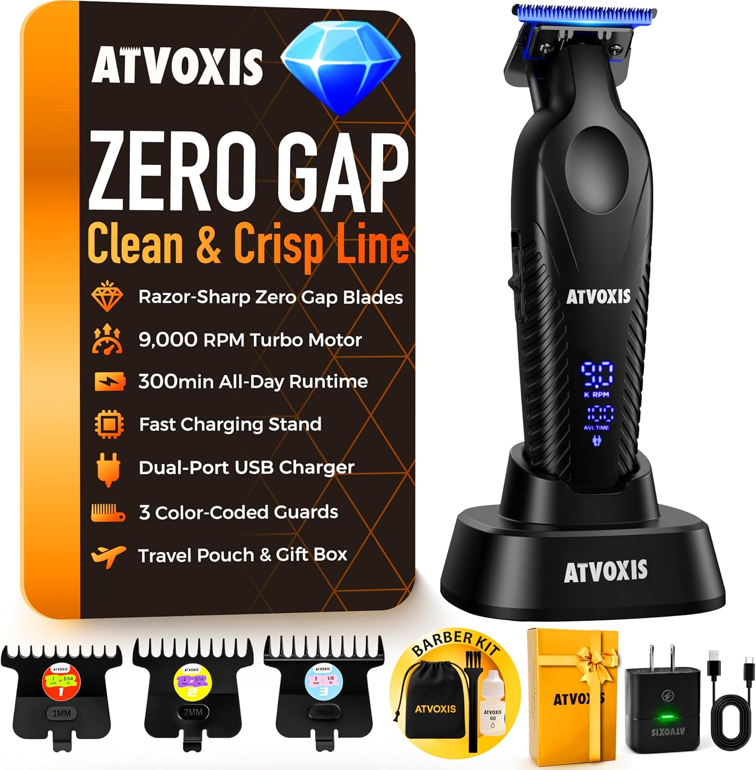 Zero Gap 9,000 RPM Brushless Professional T Blade Trimmer for Men: Cordless Hair/Beard Clipper Edger Liner Outliner with LED Display 300min Runtime Fast Charging Stand Travel Pouch - Image 3