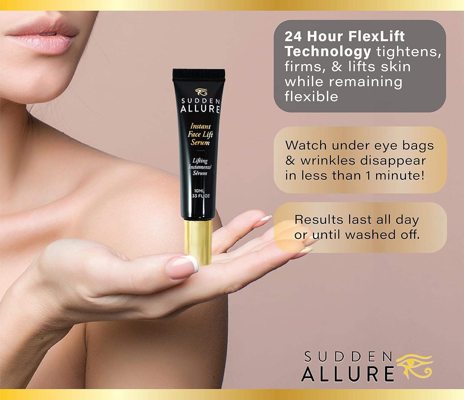 Sudden Allure Instant Face Lift Serum – Erase Under Eye Bags & Wrinkles in 60 Seconds - Firming Face & Eye Serum Lotion Cream - Instantly Tighten & Reduce Eye Bags & Crows Feet | Made in USA (10 ml) - Image 2