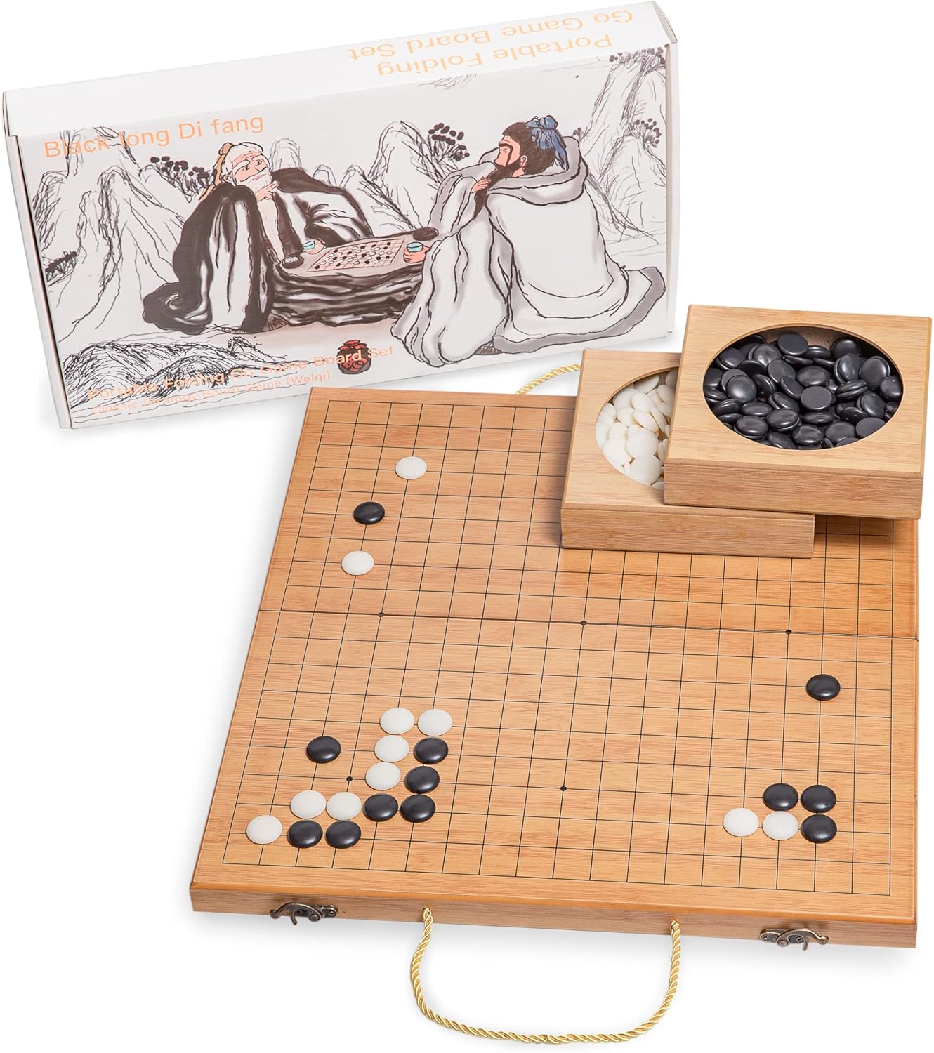 19 x19 Folding Go Game Set Board with and Bamboo Bowls and Imitation Jade Go Pieces。