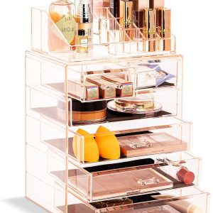 Sorbus Acrylic Makeup Organizer Set, 6-Drawer Vanity & Countertop Cosmetic Storage with Small & Wide Compartments, Pink Makeup Storage for Brushes, Jewelry – Holiday Gift for Women & Teens