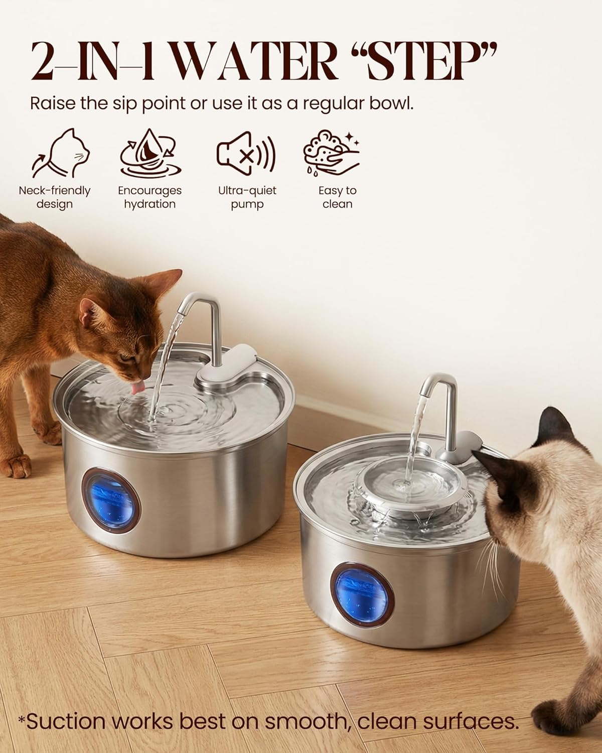 Hicuper Cat Water Fountain,108oz/3.2L Stainless Steel Cat Fountain and Removable Water Bowl,Pet Fountain with Water Level Window,Quiet Pump,Multi-Filter, Water Tap, Provides Flowing,for Dog Cats
