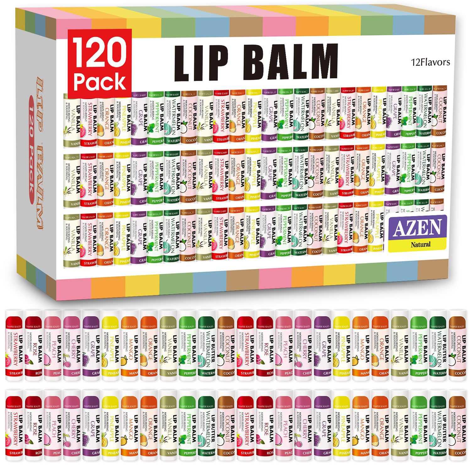 AZEN 120 Pack Lip Balm Bulk, Moisturizing Lip Balms for dry cracked lips, Mothers Day Gifts Easter Basket Stuffers - 12 Flavors
