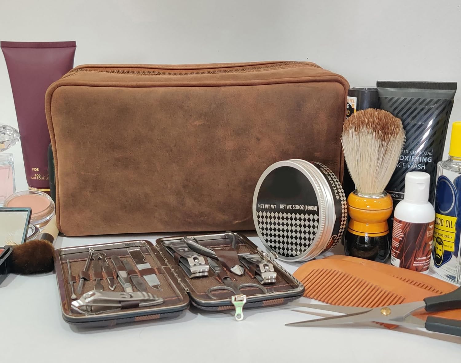 RUSTIC TOWN Full Grain Leather Travel Toiletry Bag - Cosmetic Makeup Kit Organizer (Brown) - Image 2