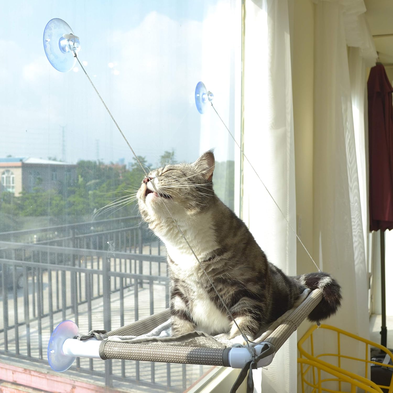 PEFUNY Cat Window Hammock – Mess-Free Waterproof Cats Window Perch for Large Cats, Strong Suction Cup Hammock with Flannel Cover, Indoor Cat Seat, Beige - Image 3