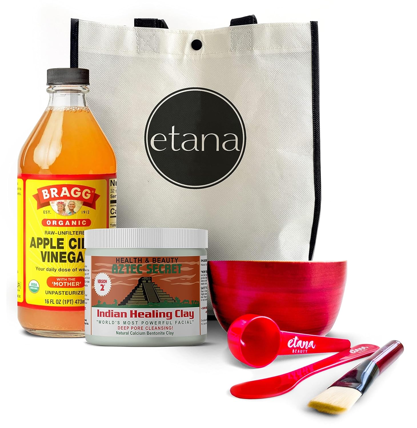 Aztec Secret Clay Premium Mask Set by Etana Beauty – All-In-One Kit Includes 16 oz Indian Healing Clay, 16oz Bragg's Apple Cider Vinegar, Natural Bamboo Bowl, Stir, Scoop, Brush & Tote