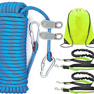 Dog Tie Out Cable for Camping, Dog Trolley System and 4ft Bungee Leash for Dogs Up to 400lbs, Suitable for Camping, Yard and Outdoor Events (Blue 2dogs, 50 Ft)