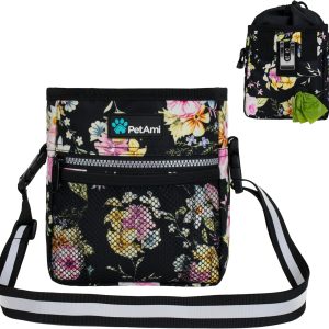 PetAmi Dog Treat Pouch, Pet Treat Pouch for Training, Dog Walking Bag Holder for Kibbles, Pet Food Toy, Dog Trainer Essentials Supplies, Poop Bag Dispenser, 3 Ways to Wear (Floral Black)