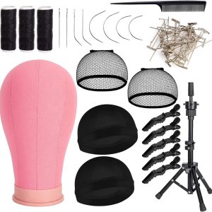 23 Inch Canvas Wig Head with Stand Cork Canvas Mannequin Head with Wig Head Stand Manikin Head Block Set for Wigs Trimming Making Display with T Pins Set (Pink)