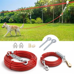 Heavy Duty Aerial Dog Tie Out Trolley System for Small to Large Dogs - Run Cable 100ft /75ft Zipline with 15ft Runner Cable Great for Yard (100 ft for one Dog up to 250 lbs)