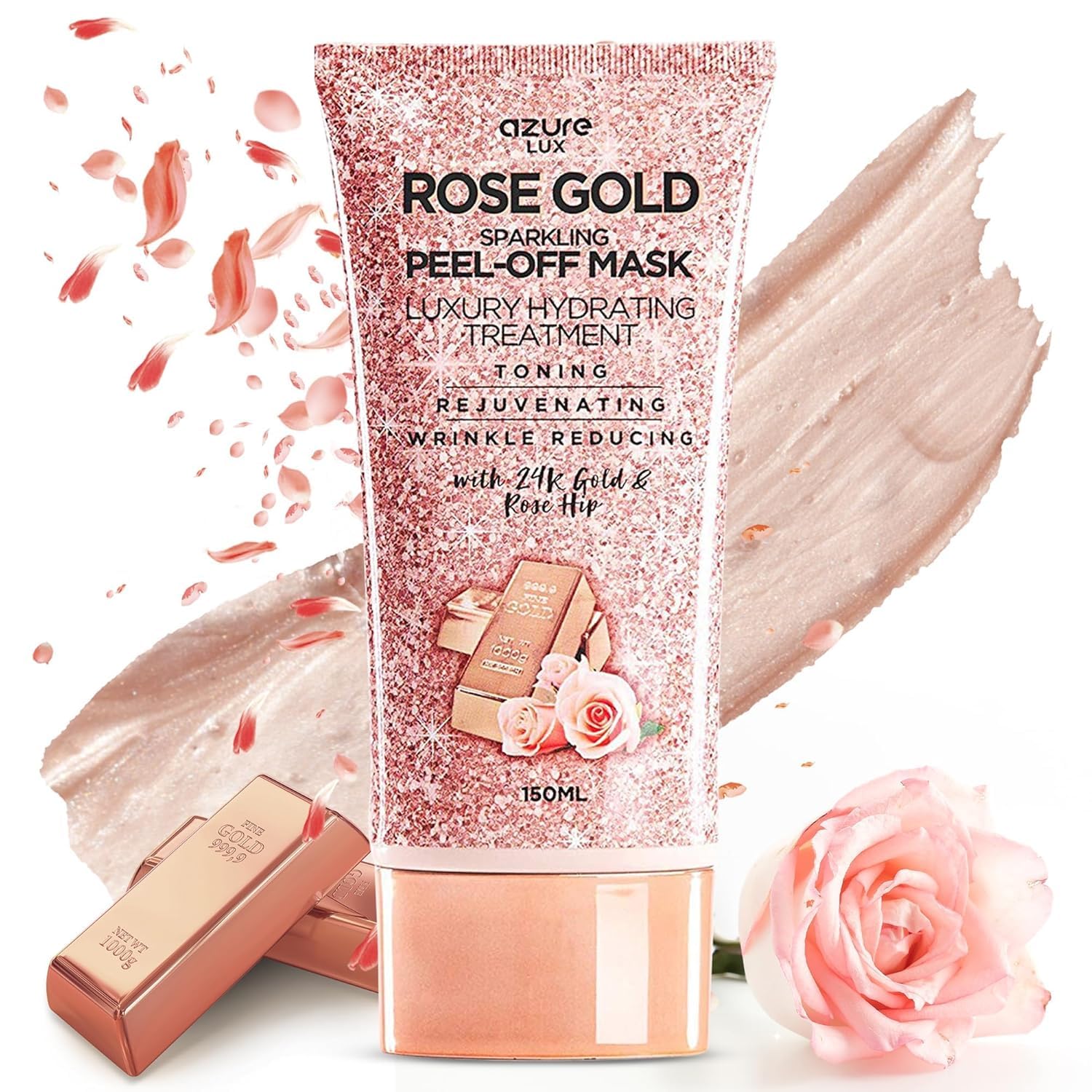AZURE Sparkling Peel-Off Masks Bundle - Rose Gold Hydrating Peel-Off Mask - 24K Gold Firming Peel-Off Mask - Charcoal & Pearl Anti-Aging Skincare - 150 ml / 5.07 fl.oz
