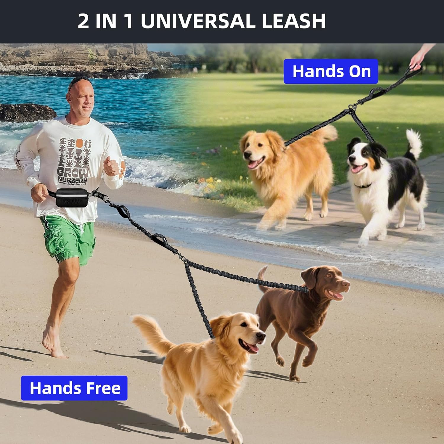 Uppetly Hands Free Double Dog Leash with Pouch, Dual Leash for 2 Dogs with Reflective Padded Handles, Durable Bungee and Lumbar Waist Belt for Walking, Jogging and Running (Small, 8-25 lbs) - Image 2
