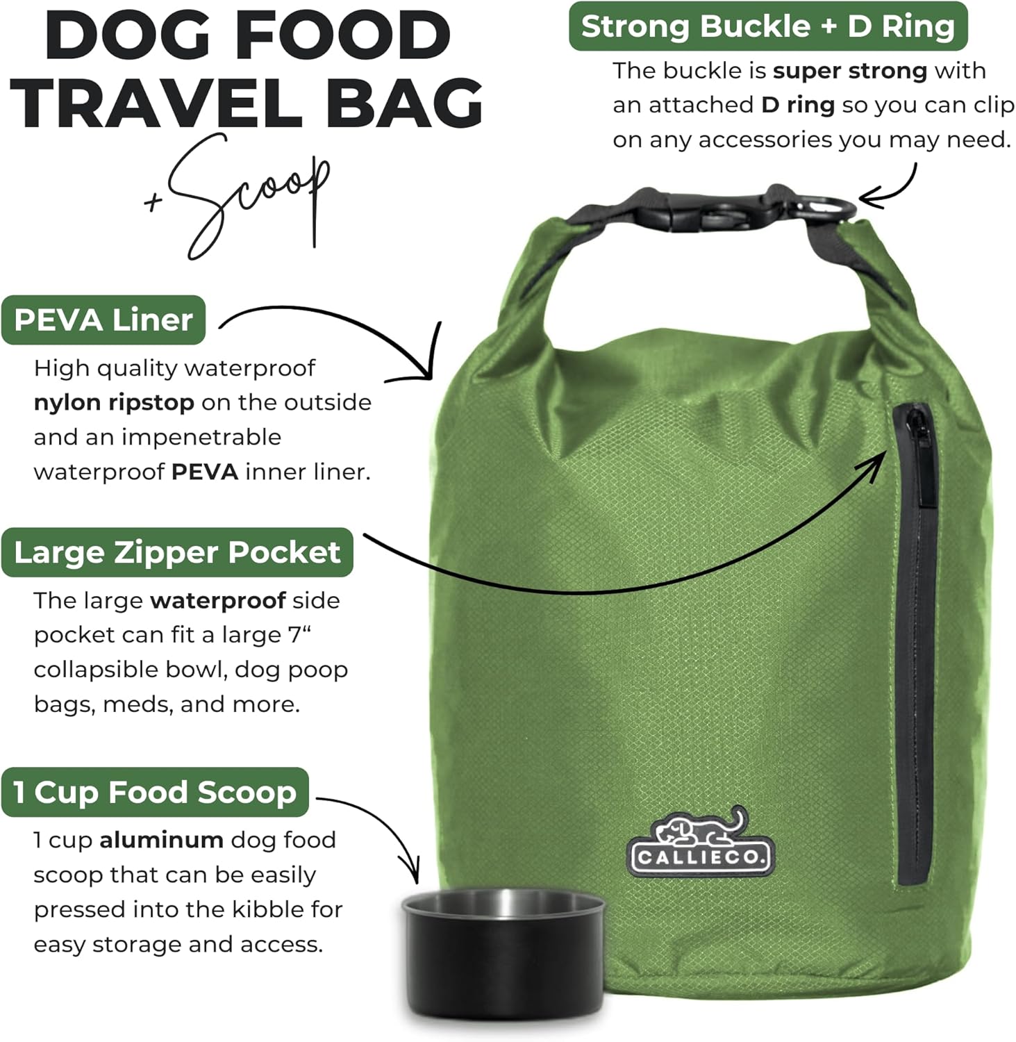 Callieco Dog Food Travel Bag w/ 1 Cup Scoop and Zipper Side Pocket | Waterproof Kibble Storage Container for Home, Road Trips, Camping, Boarding and More (Green, 32 Cups) - Image 2