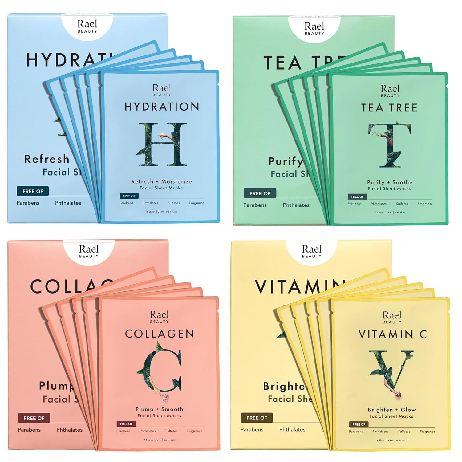 Rael Face Mask Skin Care, Bamboo Facial Mask Sheet Set - Variety Pack, Korean Skincare, All Skin Types, Gift Set (5 Hydration, 5 Vitamin C, 5 Collagen, 5 Tea Tree, 20 Sheets) - Image 2