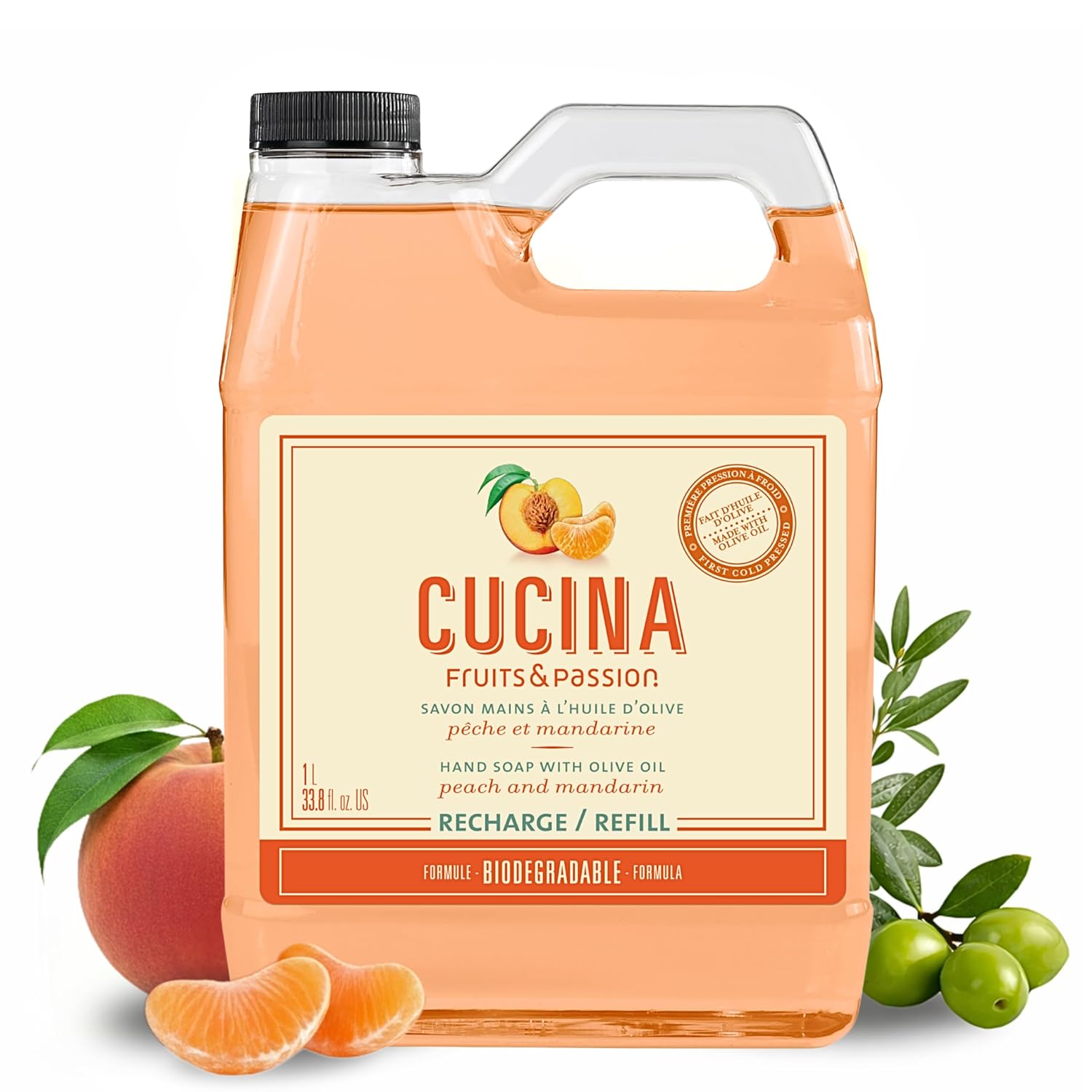 Cucina Fruits & Passion Hand Soap Refill, Peach & Mandarin, 1 L (33.8 fl oz), Liquid Hand Soap with Moisturizing Olive Oil, Biodegradable, Vegan Formula, Kitchen & Bathroom - Image 2
