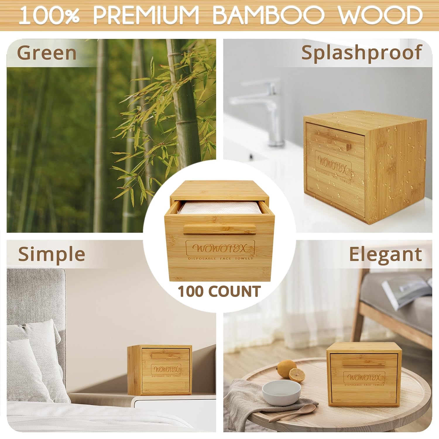 WOWOTEX Luxe Bamboo Towel Container (Bamboo Box Towel Holder) with Disposable Face Towels Biodegradable Large Dry Wipes 100 Count Extra Thick Soft Clean Facial Towels for Facial Cleansing - Image 2