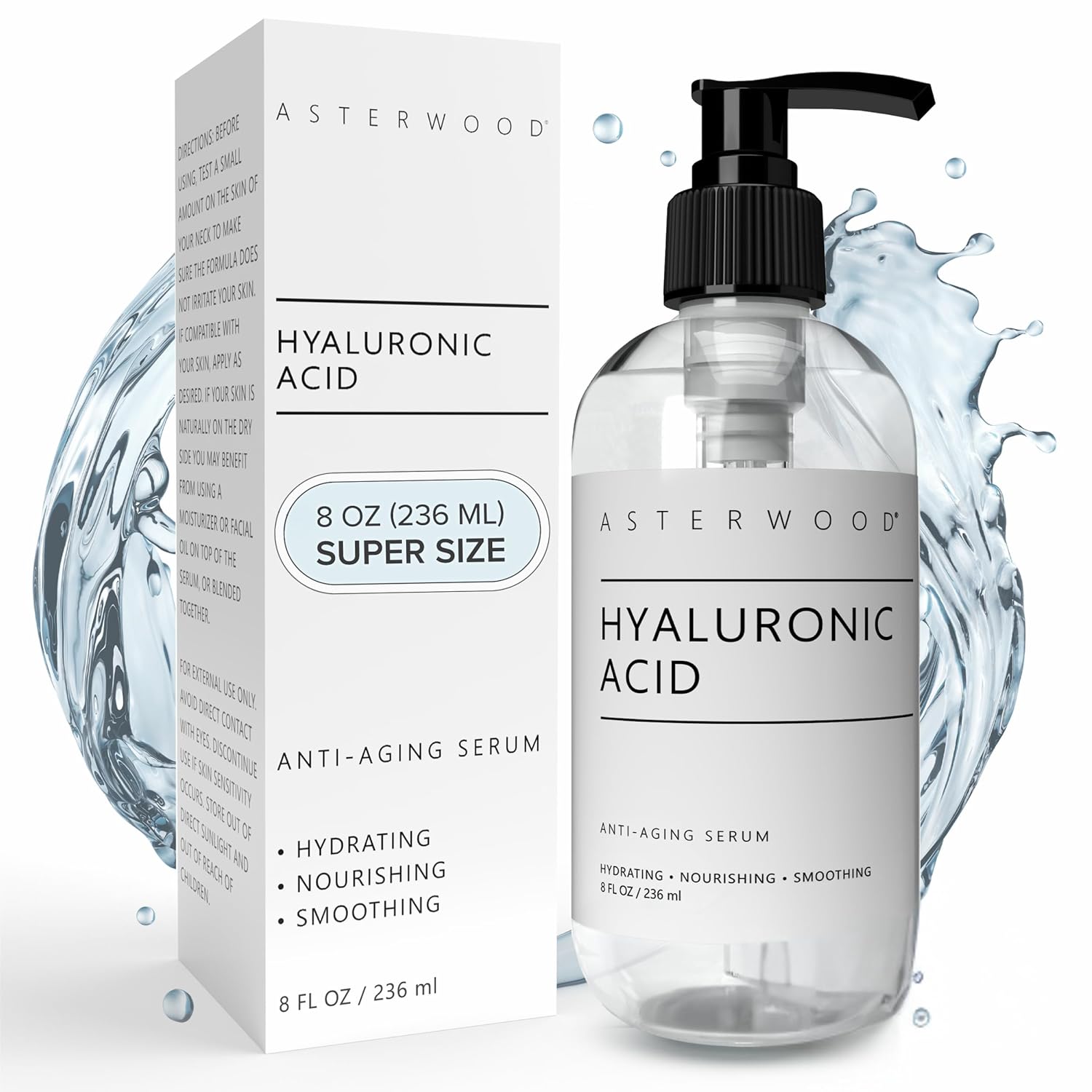 Asterwood Pure Hyaluronic Acid Serum for Face - Plumping, Anti-Aging, Hydrating - Fragrance-Free - 8 Fl Oz
