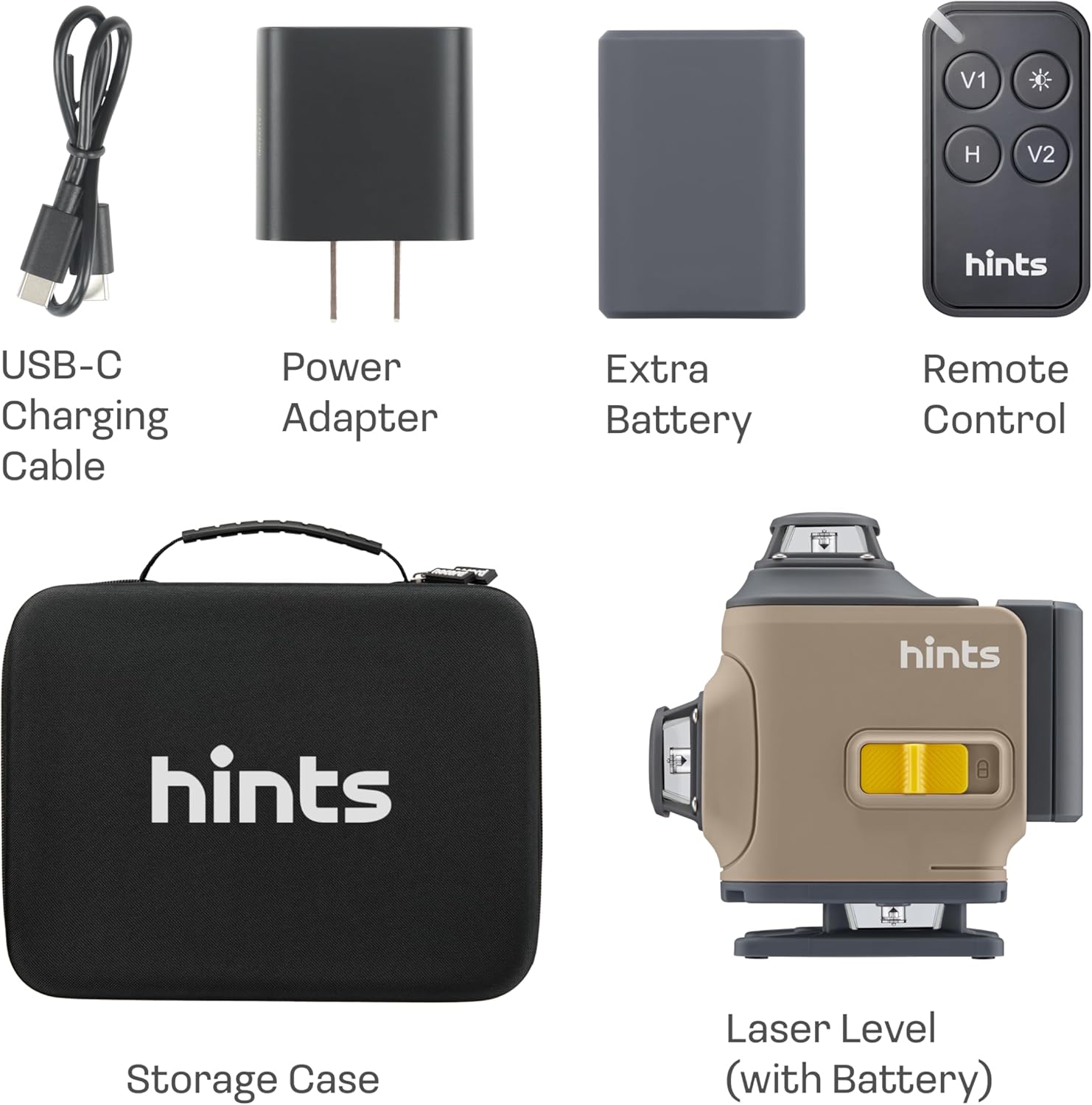 Hints 4D Laser Level Self-Leveling 4x360°, 4 Beams, 100Ft, ±1/12" Accuracy, IP54, Outdoor Pulse Mode, Remote and Gesture Control, Type-C Chargin, Storage Case and Extra Li-ion Battery included - Image 2