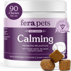Fera Pets Calming Chews for Dogs with Ashwagandha, 90 Chews | Dog Calming Chews with Priome Mental Wellbeing Postbiotic Blend to Help Manage Stress & Separation and Promote Relaxation