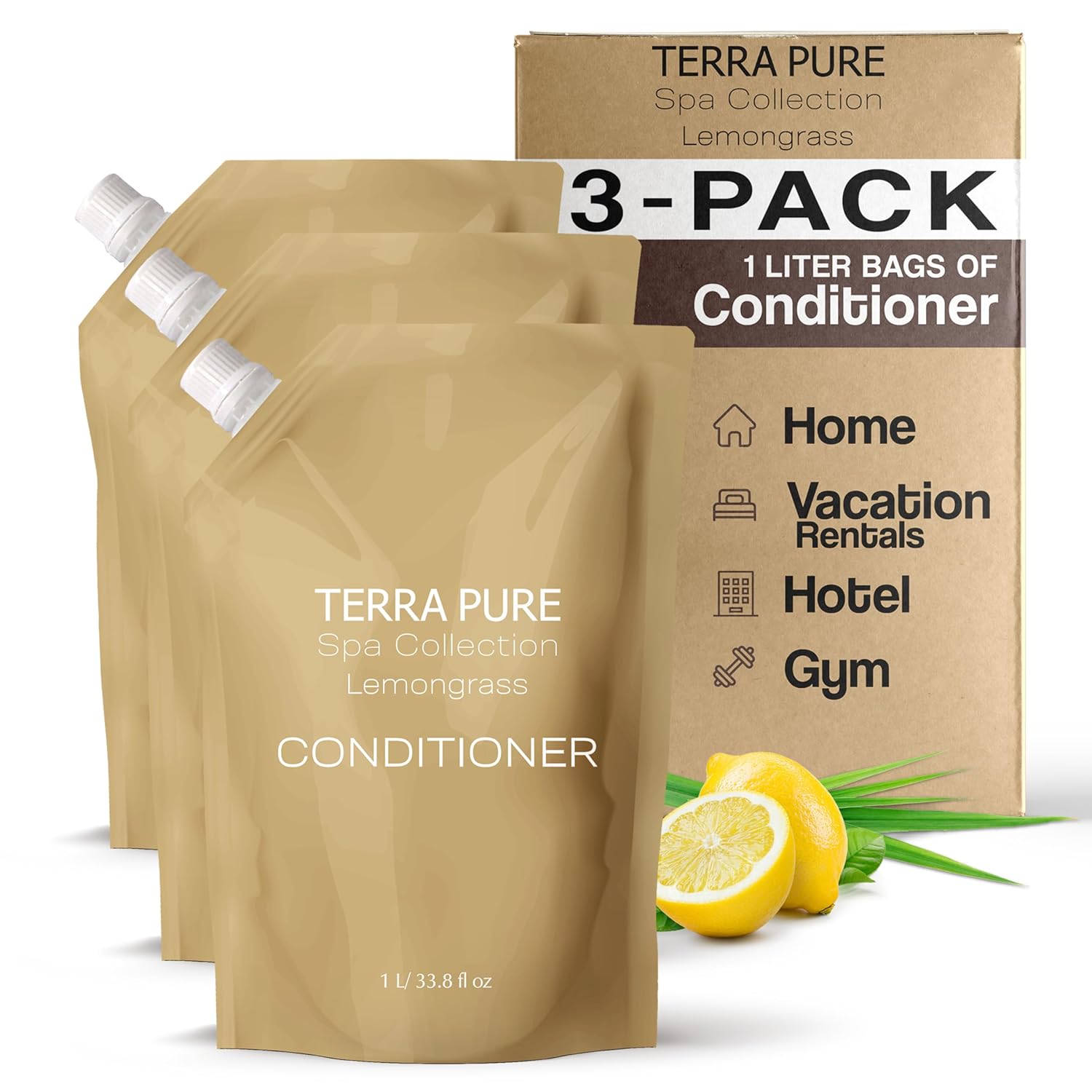 Terra Pure Spa Collection Conditioner, Green Tea Lemongrass, 1 Liter | Refill Bag For Soap Dispensers, Bulk Toiletries, Vacation Rentals & Home Bathroom Showers, Set of 3 - Image 2