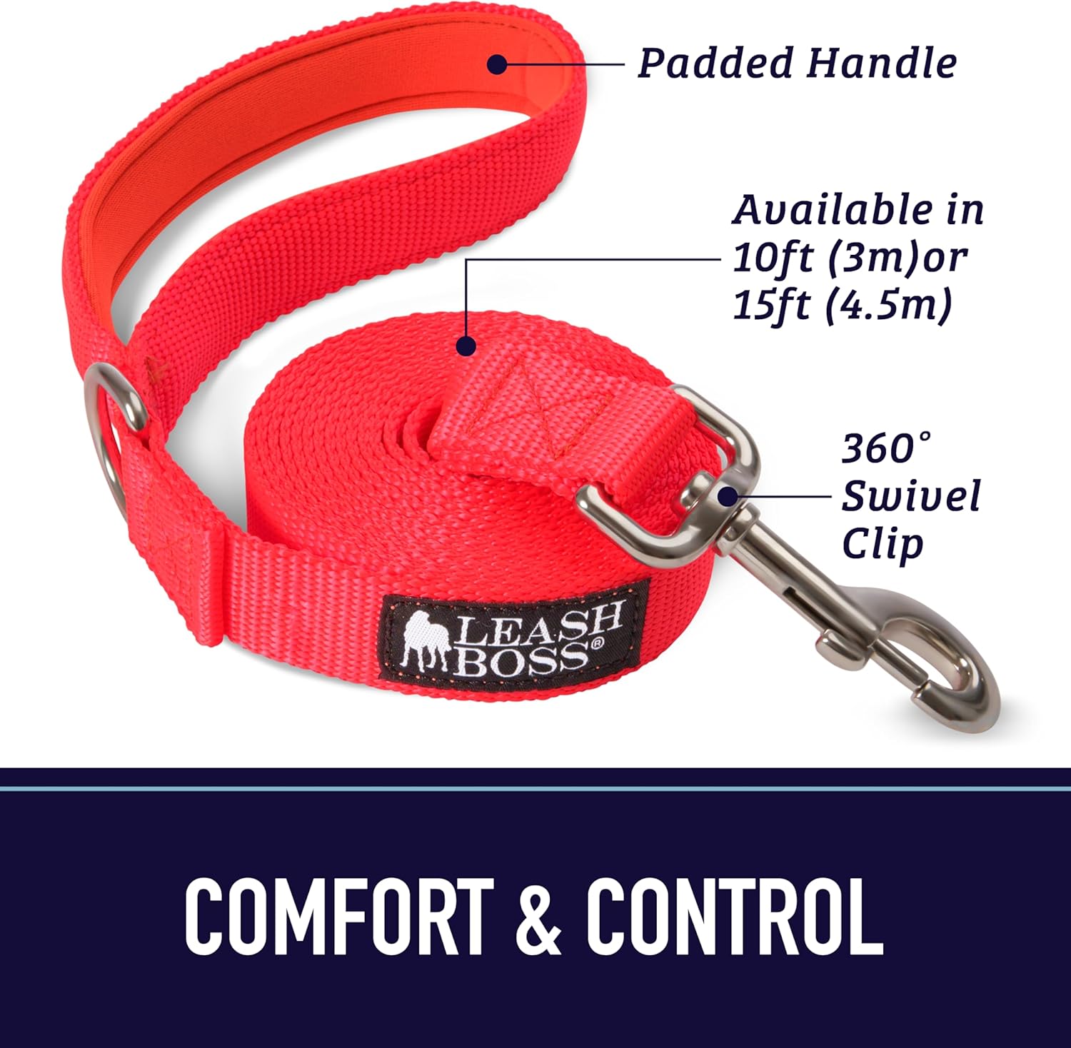Leash Boss 10 Foot Dog Leash with Padded Handle - Long Leash for Hiking, Camping, Exploring, or Walking (10 Feet, Black/Red/Grey) - Image 2