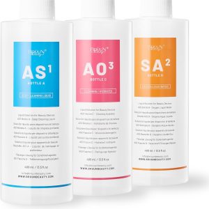 BRÜUN Aqua Facial Serums for Face Cleansing – A Pack of 400ml 3 Aqua Peeling Solution AS1, SA2, and AO3 –Skin Care Solution for Vacuum face Cleaning Jet for Home and Spa