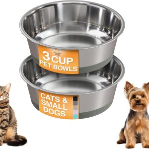 Neater Pet Brands Stainless Steel Dog Bowls with Non-Slip Rubber Bottom – 3 Cup (24 oz), Gray - Set of 2 Heavy Duty Metal Dog Bowls, Dishwasher Safe, Food or Water Bowl, Ideal for Small to Medium Dogs