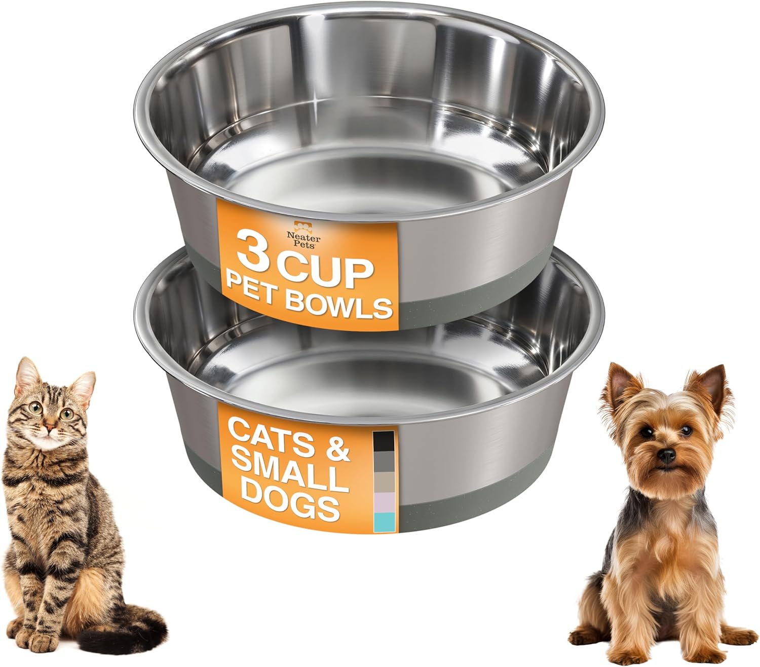Neater Pet Brands Stainless Steel Dog Bowls with Non-Slip Rubber Bottom – 3 Cup (24 oz), Gray - Set of 2 Heavy Duty Metal Dog Bowls, Dishwasher Safe, Food or Water Bowl, Ideal for Small to Medium Dogs