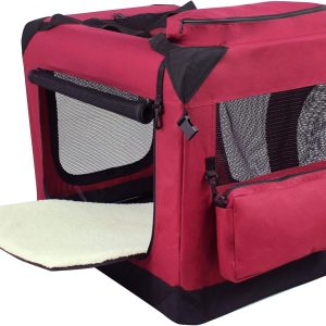 EliteField 3-Door Folding Soft Dog Crate with Carrying Bag and Fleece Bed (2 Year Warranty), Indoor & Outdoor Pet Home (20" L x 14" W x 14" H, Maroon)