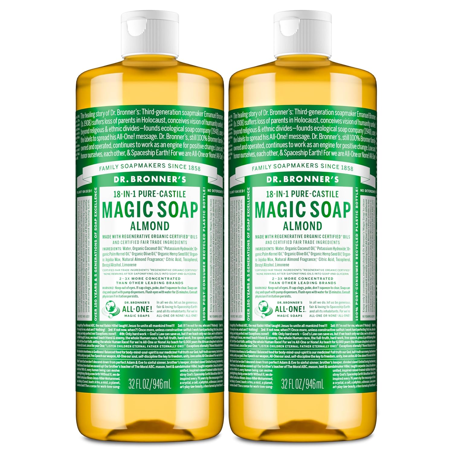 Dr. Bronner's Pure-Castile Magic Liquid Soap (Almond, 32 Ounce, 2-Pack)- Made with Regenerative Organic Certified Oils, 18-in1 Uses: Face, Hair, Hand & Body Soap, Laundry, Pets- Concentrated, Vegan - Image 2
