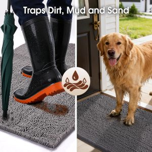 Dog Door Mat for Muddy Paws, 60"x24" Absorbent Dirt Trapper Washable Chenille Indoor Mats for Entryway, Quick Dry Non-Slip Front Door Mat, Entry Rug for Indoor and Outdoor, Grey