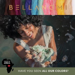 BELLANOMI 4 Piece African Exfoliating Net Sponge Long African Bath Sponge, Authentic Ethically Sourced from Nigeria, Great for Daily Use (Copper Brown, Orange, Green, Yellow)