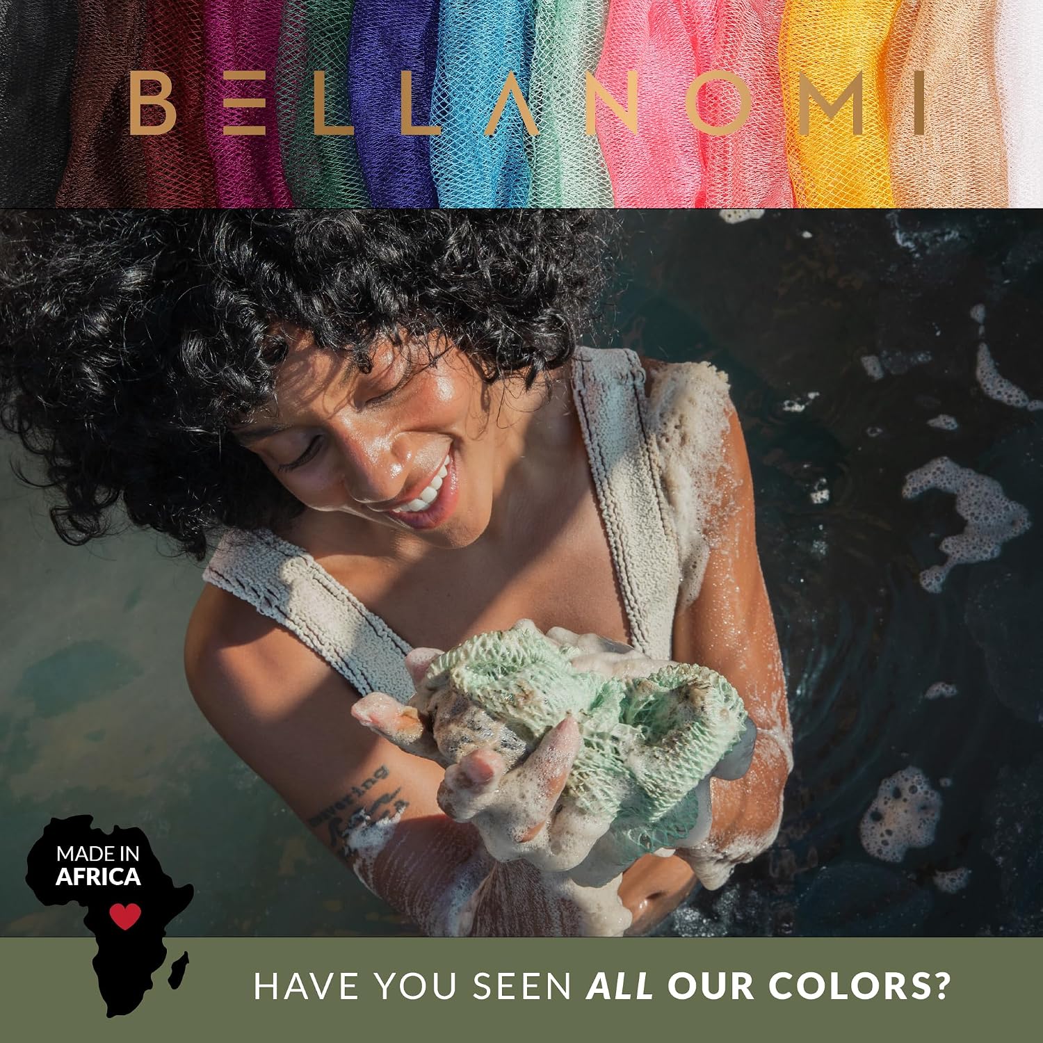 BELLANOMI 4 Piece African Exfoliating Net Sponge Long African Bath Sponge, Authentic Ethically Sourced from Nigeria, Great for Daily Use (Copper Brown, Orange, Green, Yellow)