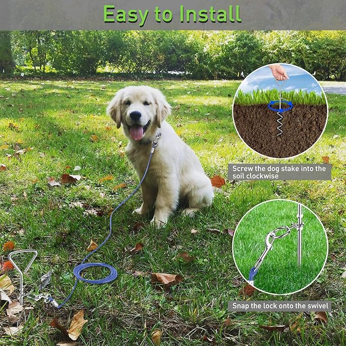 Dog Tie Out Cable and Anti Rust Spiral Stake , 30ft Outside Leash&Chain for Camping and Yard, 16'' Heavy Duty for Medium-Large Dogs Up to 125 lbs (30FT, Blue) - Image 2