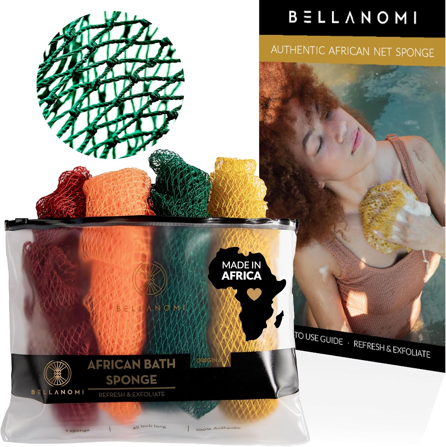BELLANOMI 4 Piece African Exfoliating Net Sponge Long African Bath Sponge, Authentic Ethically Sourced from Nigeria, Great for Daily Use (Copper Brown, Orange, Green, Yellow) - Image 2