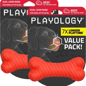 Playology Dog Toys | Dual Layer Bone Chew Toy for Dogs, Value 2-Pack | Beef Scented Medium Dog Bones
