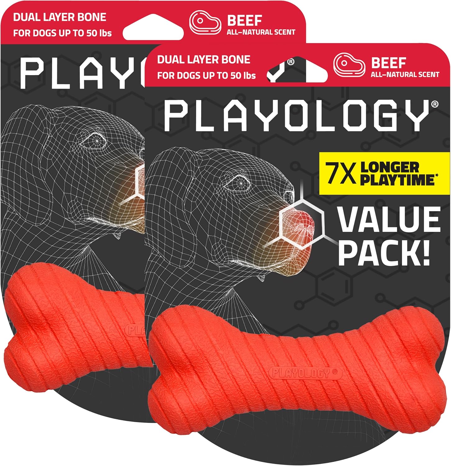 Playology Dog Toys | Dual Layer Bone Chew Toy for Dogs, Value 2-Pack | Beef Scented Medium Dog Bones