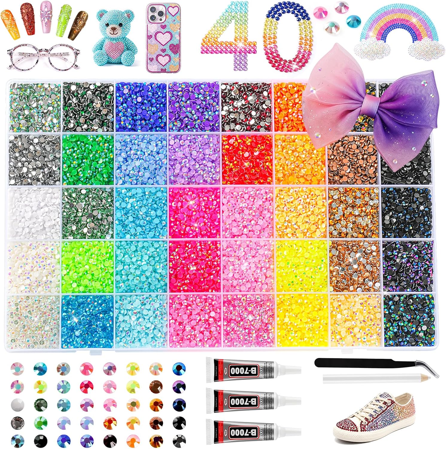 18000Pcs 40 Colors Resin Jelly Rhinestones Kit, 4mm Flatback Rhinestones with 3Pcs B7000 Jewelry Glue & Tools, Bedazzler Kit with Rhinestones, All-in-One Bedazzling Kit for DIY Arts & Crafts Gifts - Image 3