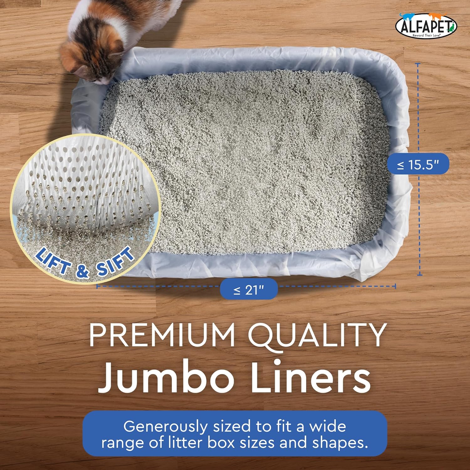 Alfapet Sifting Cat Litter Box Liners - Jumbo 15 Count, Pack of 5 - Tear-Resistant Cat Litter Bags, Waterproof Kitty Litter Liners, Fits Litterbox Pan Sizes X-Large, X-Giant, 37" x 18" 30 lb Capacity - Image 3