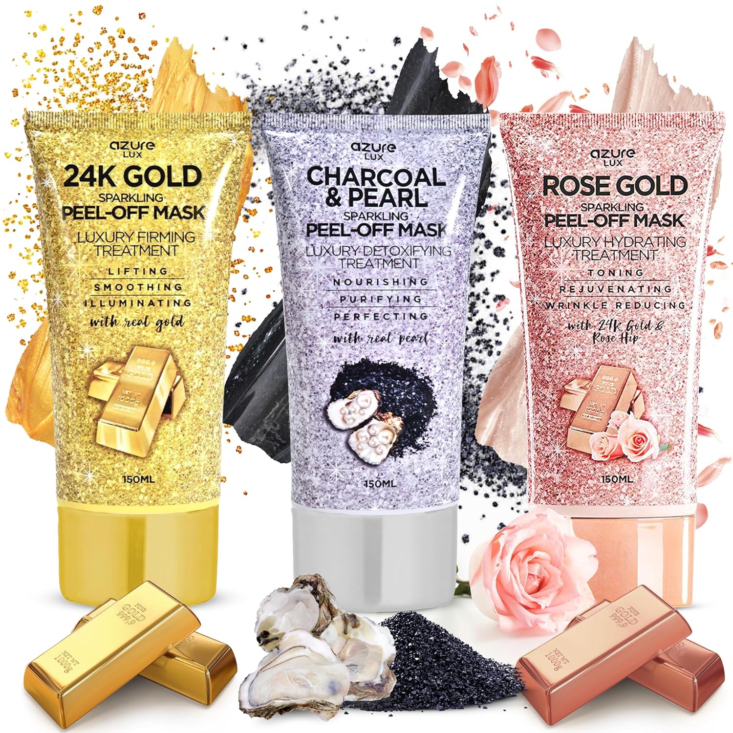 AZURE Sparkling Peel-Off Masks Bundle - Rose Gold Hydrating Peel-Off Mask - 24K Gold Firming Peel-Off Mask - Charcoal & Pearl Anti-Aging Skincare - 150 ml / 5.07 fl.oz - Image 3