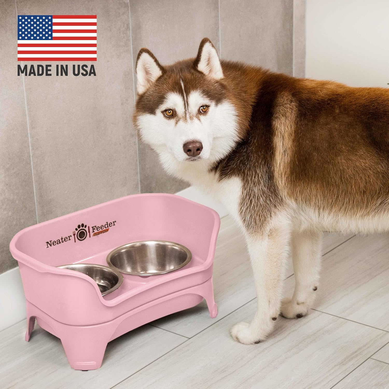 Neater Feeder Express Mess Proof Dog Bowls Elevated for Medium and Large Breed – Made in USA – No Spill Raised Slow Feeder Elevated Dog Bowl Stand, Slow Feed Food and Water Bowl Set, Pink - Image 2